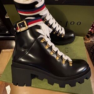 Gucci Sylvie Ankle Black Leather Boots Authentic New